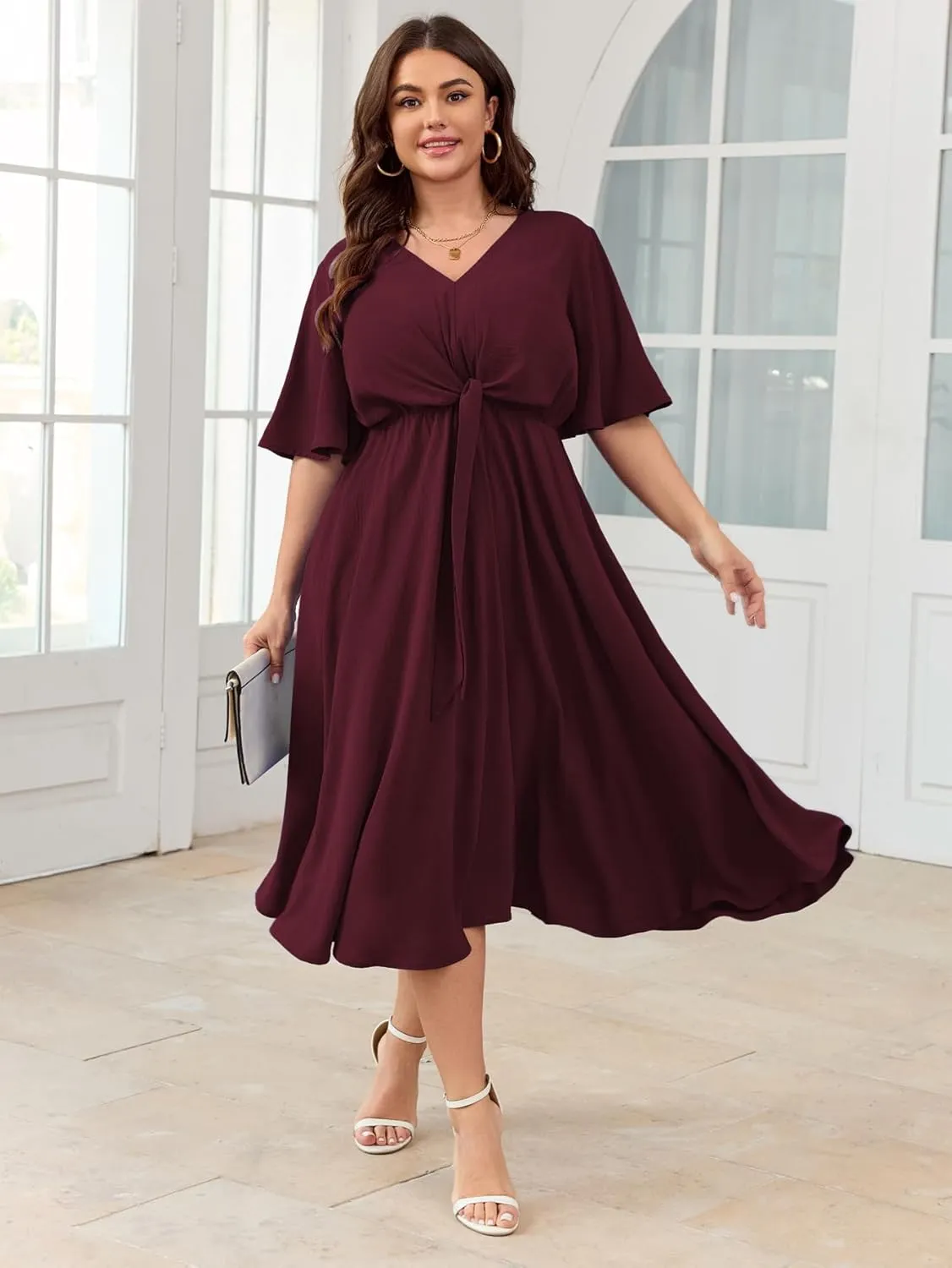 SCOMCHIC Women Plus Size Midi Dresses Wedding Guest Short Sleeve V Neck Tie Waist Casual Summer Flowy A Line Dress