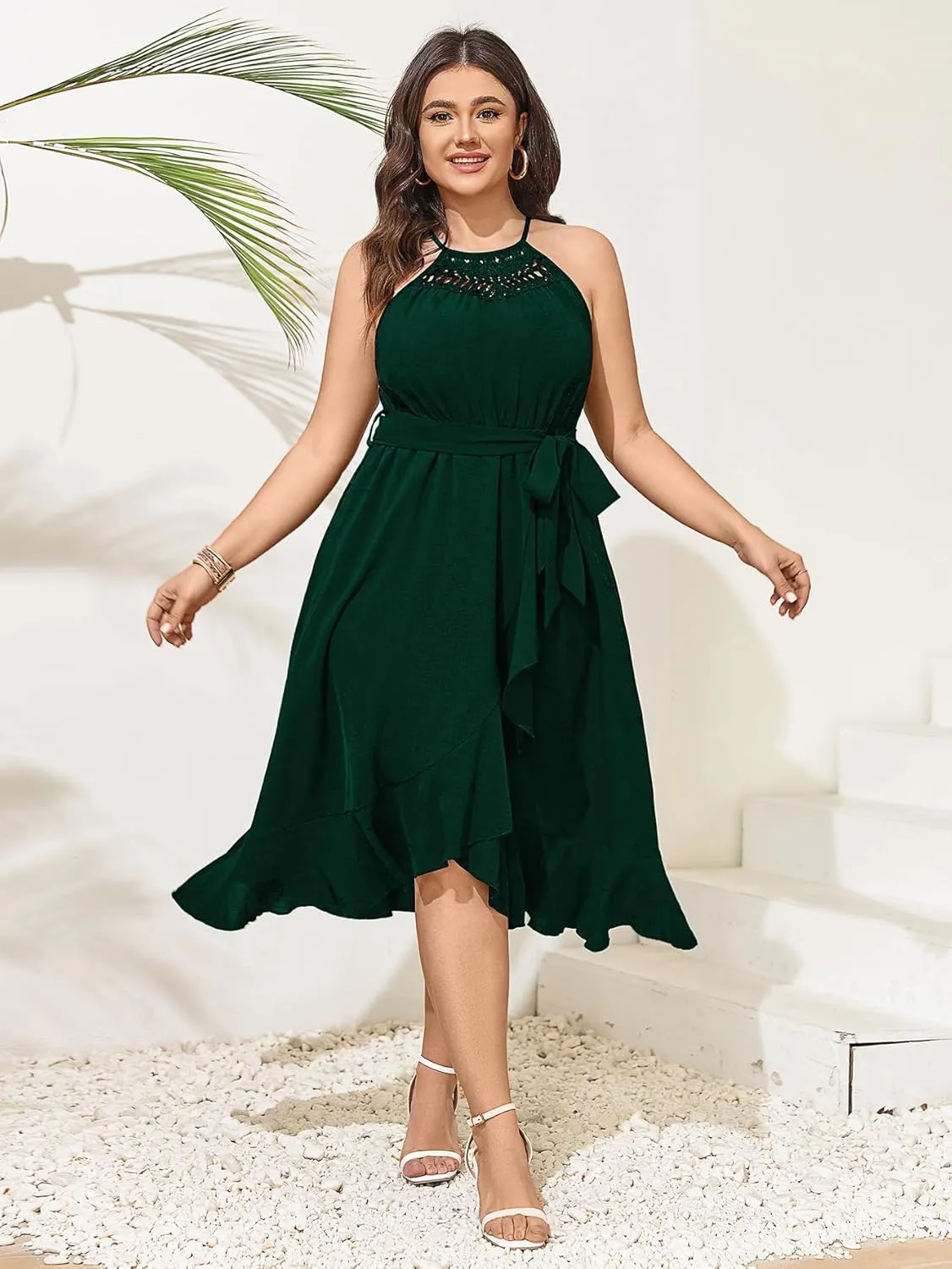 SCOMCHIC Womens Plus Size Summer Dresses Sleeveless Halter Neck A Line High Low Split Ruffle Long Dress with Belt