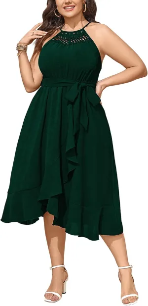 SCOMCHIC Womens Plus Size Summer Dresses Sleeveless Halter Neck A Line High Low Split Ruffle Long Dress with Belt