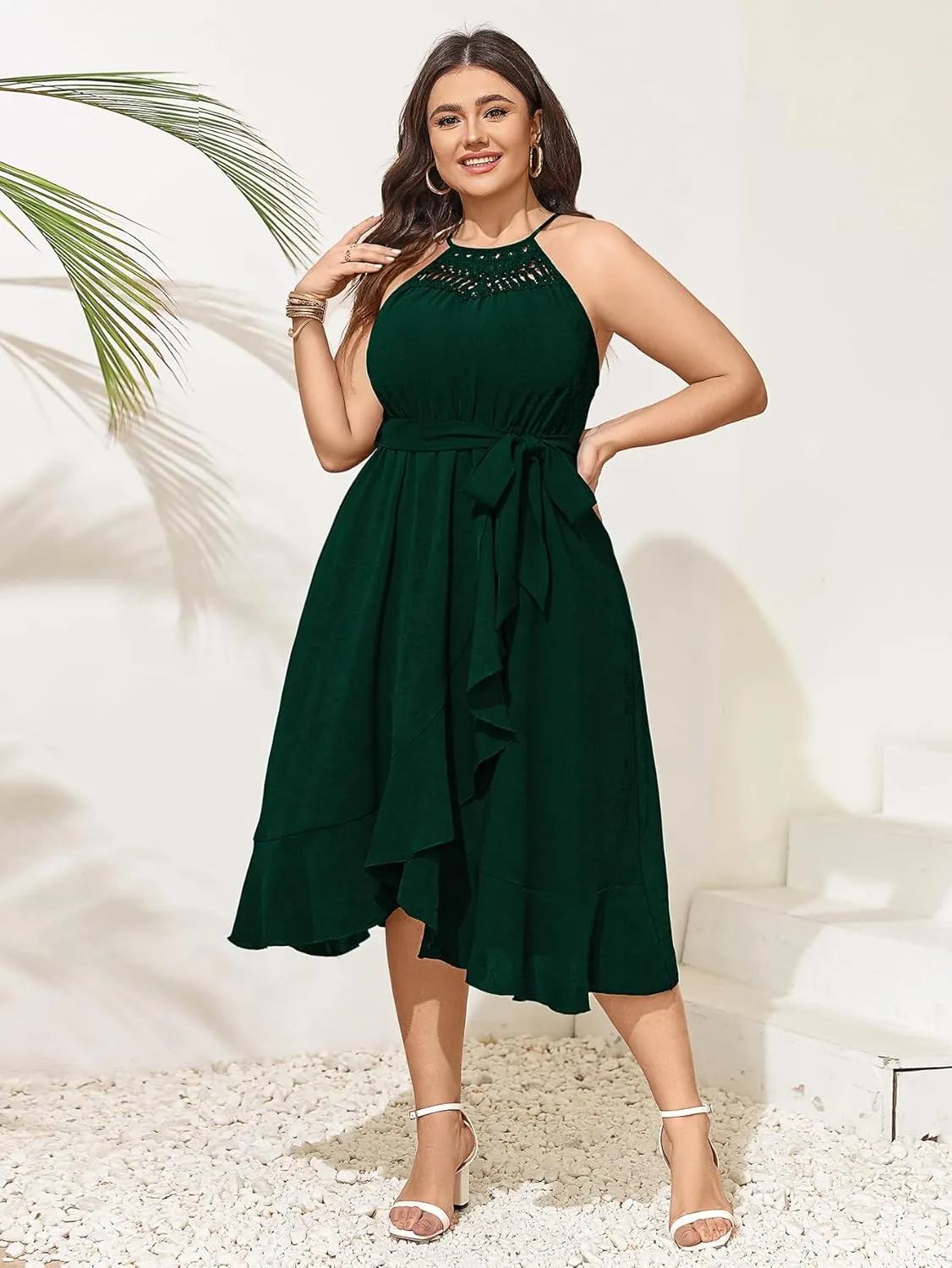 SCOMCHIC Womens Plus Size Summer Dresses Sleeveless Halter Neck A Line High Low Split Ruffle Long Dress with Belt