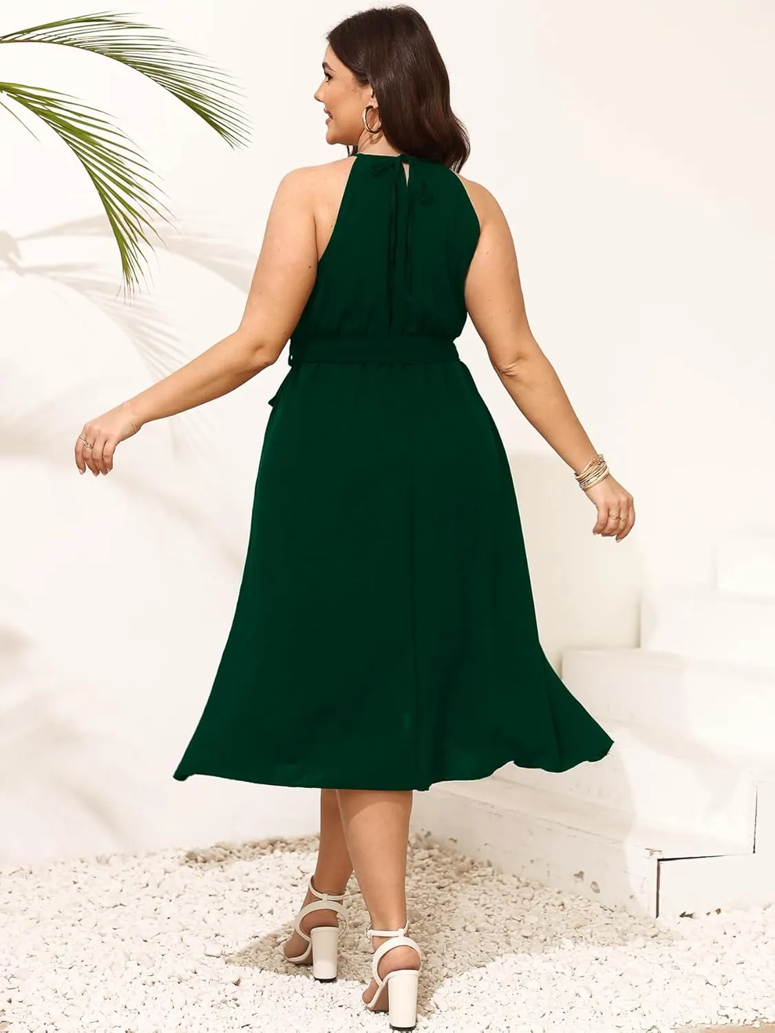 SCOMCHIC Womens Plus Size Summer Dresses Sleeveless Halter Neck A Line High Low Split Ruffle Long Dress with Belt