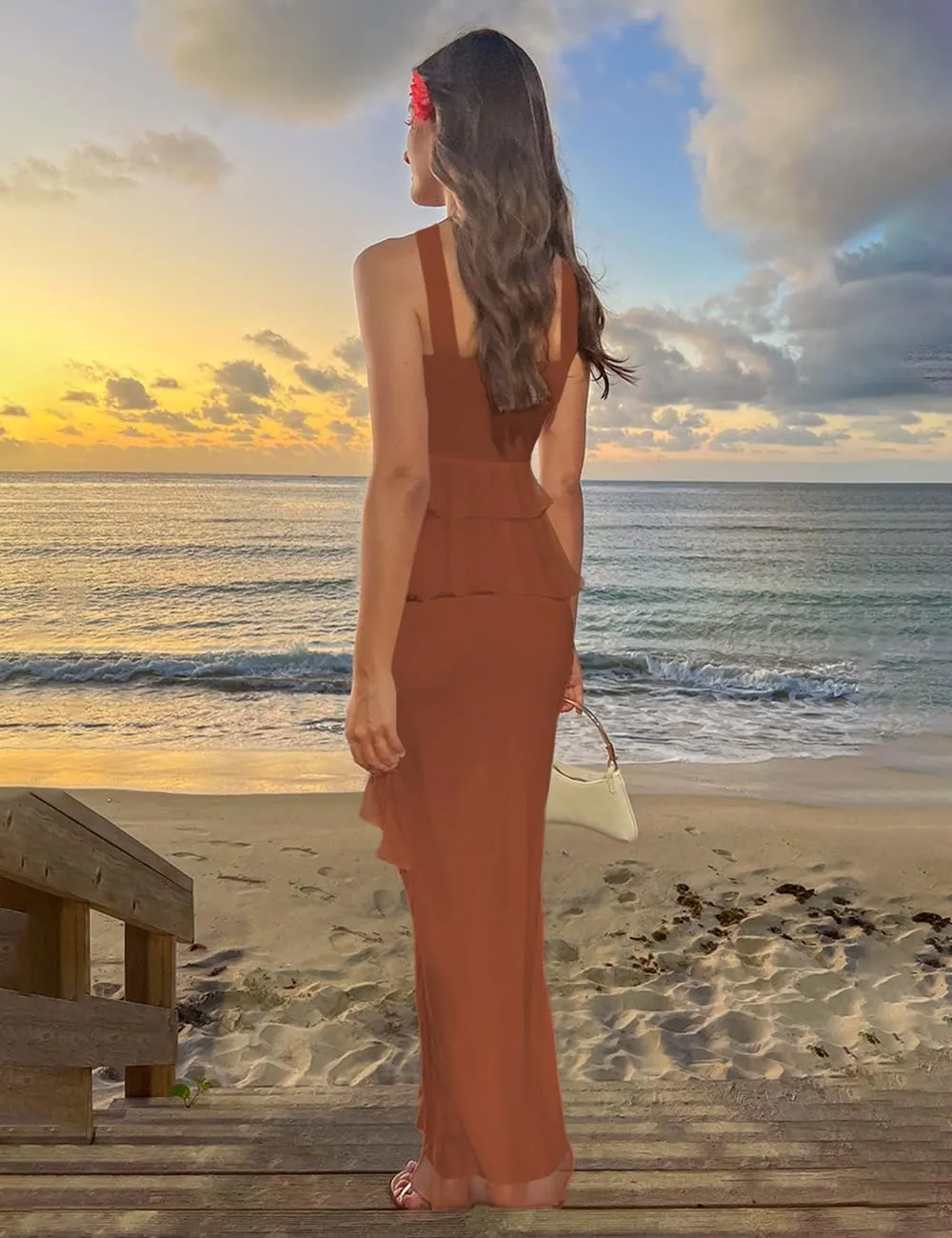 SEBOWEL Women's Ruffled Shoulder Strap Mesh Overlay Bodycon Elegant Long Maxi Dress with Layered Flounce Detail