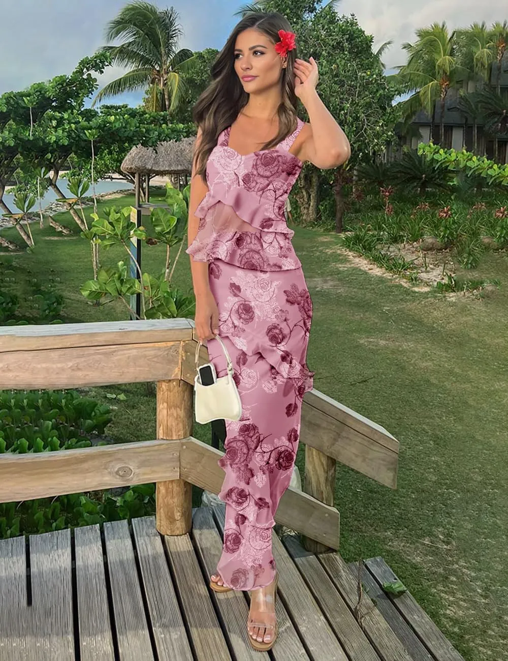 SEBOWEL Women's Ruffled Shoulder Strap Mesh Overlay Bodycon Elegant Long Maxi Dress with Layered Flounce Detail