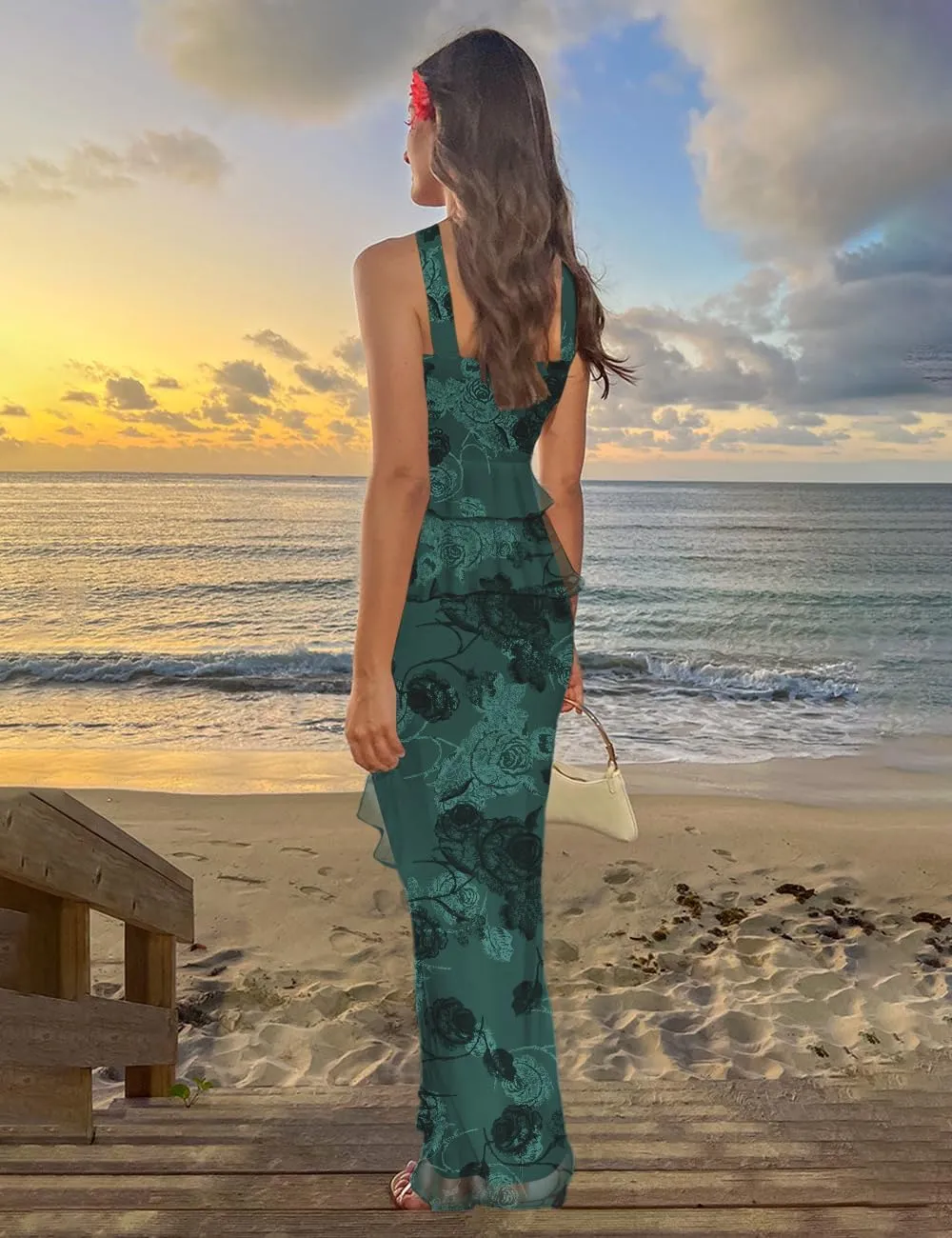 SEBOWEL Women's Ruffled Shoulder Strap Mesh Overlay Bodycon Elegant Long Maxi Dress with Layered Flounce Detail