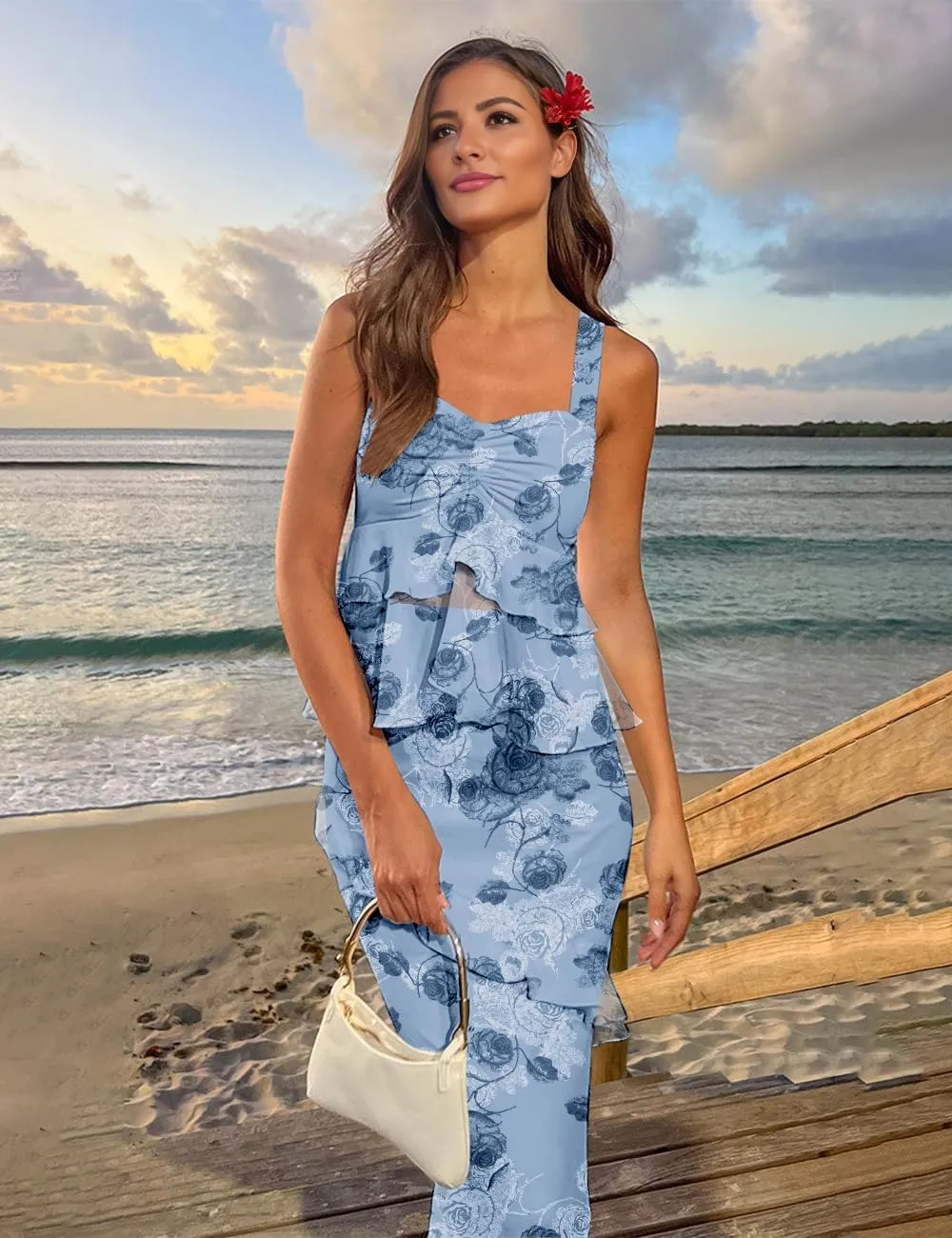 SEBOWEL Women's Ruffled Shoulder Strap Mesh Overlay Bodycon Elegant Long Maxi Dress with Layered Flounce Detail