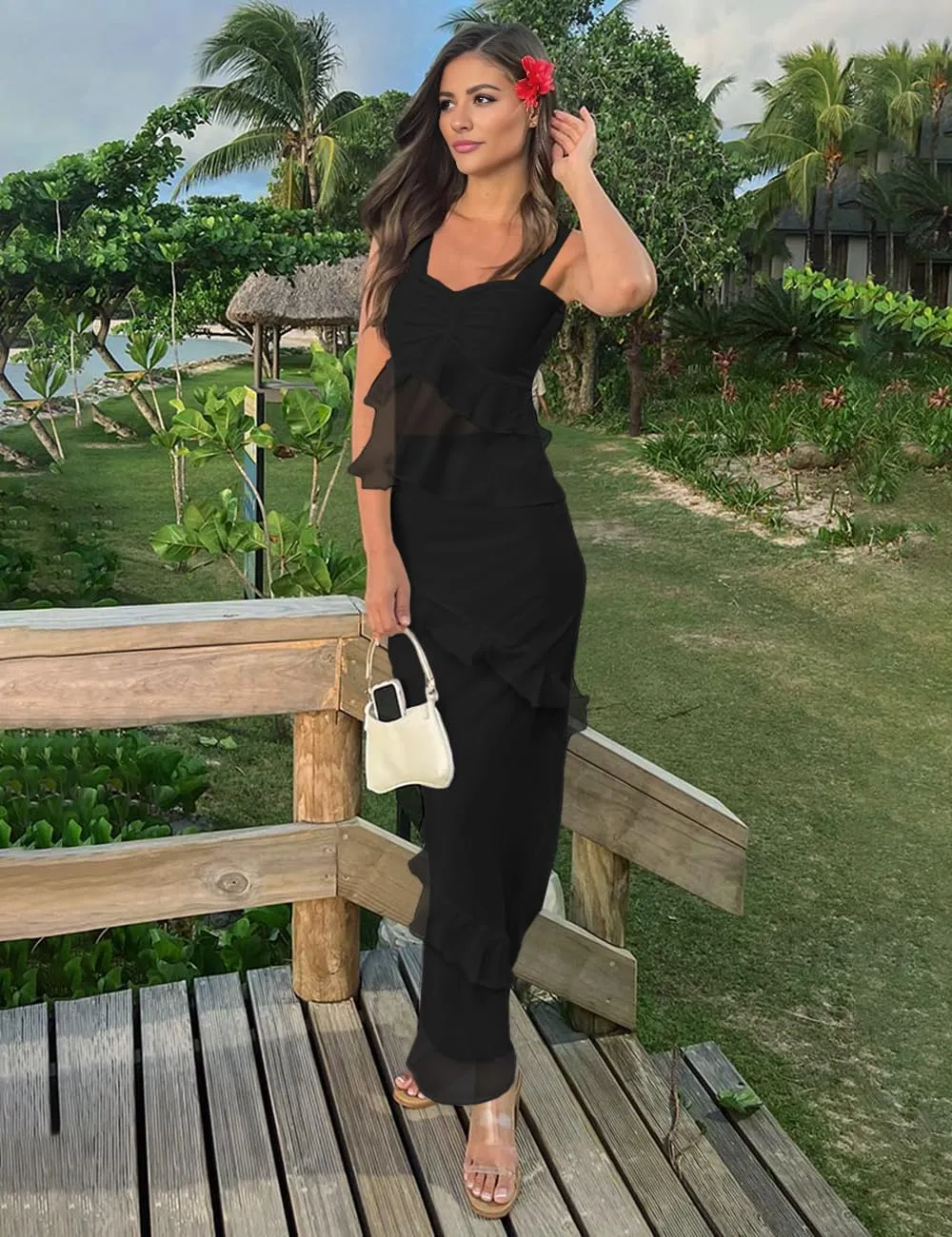 SEBOWEL Women's Ruffled Shoulder Strap Mesh Overlay Bodycon Elegant Long Maxi Dress with Layered Flounce Detail