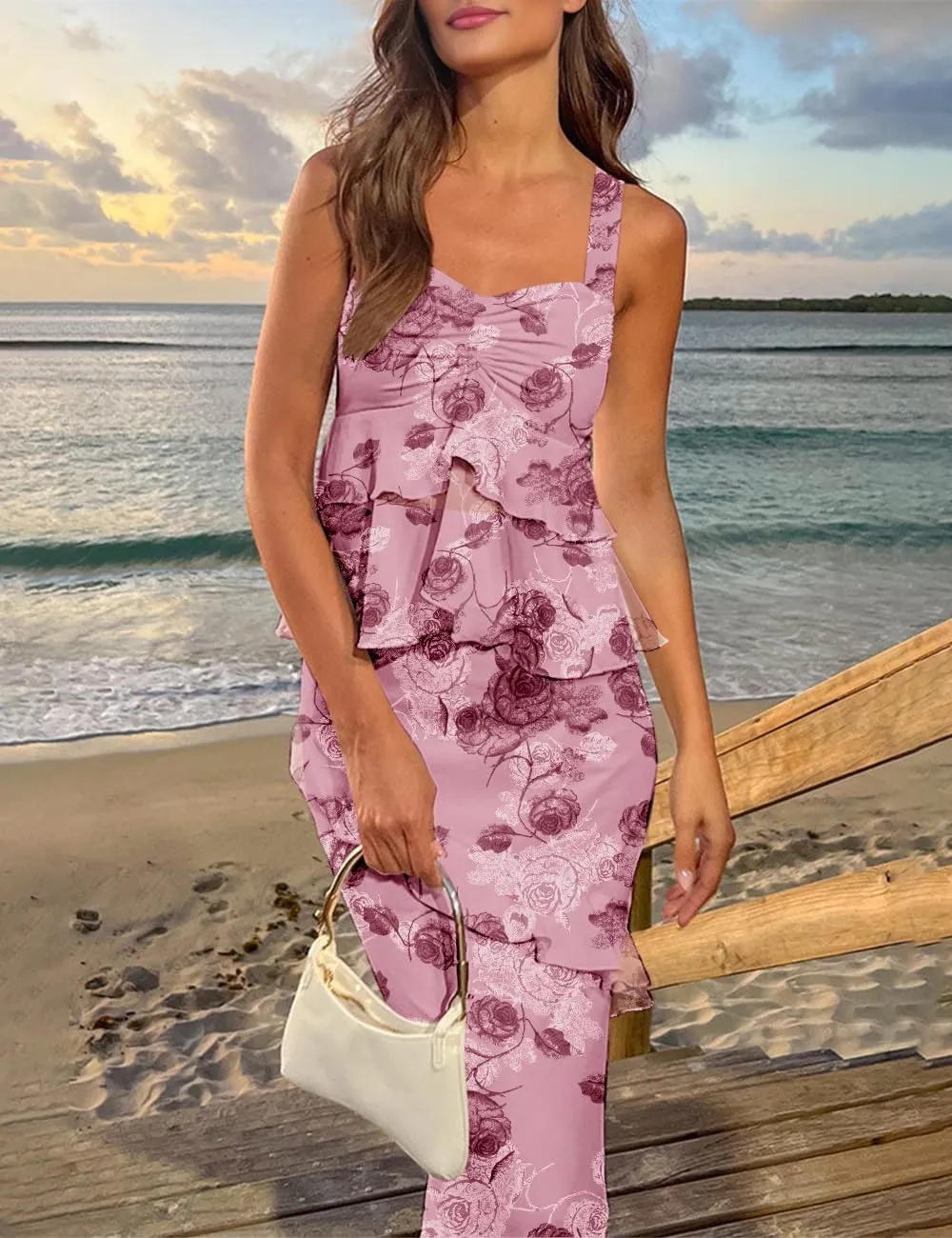 SEBOWEL Women's Ruffled Shoulder Strap Mesh Overlay Bodycon Elegant Long Maxi Dress with Layered Flounce Detail