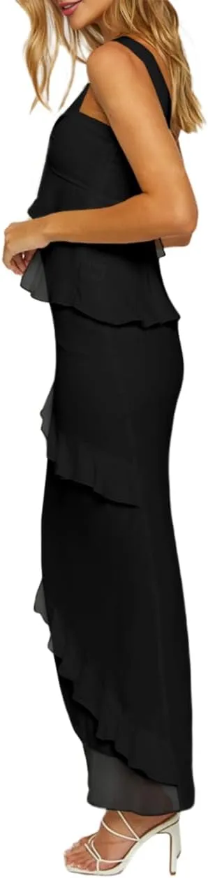 SEBOWEL Women's Ruffled Shoulder Strap Mesh Overlay Bodycon Elegant Long Maxi Dress with Layered Flounce Detail