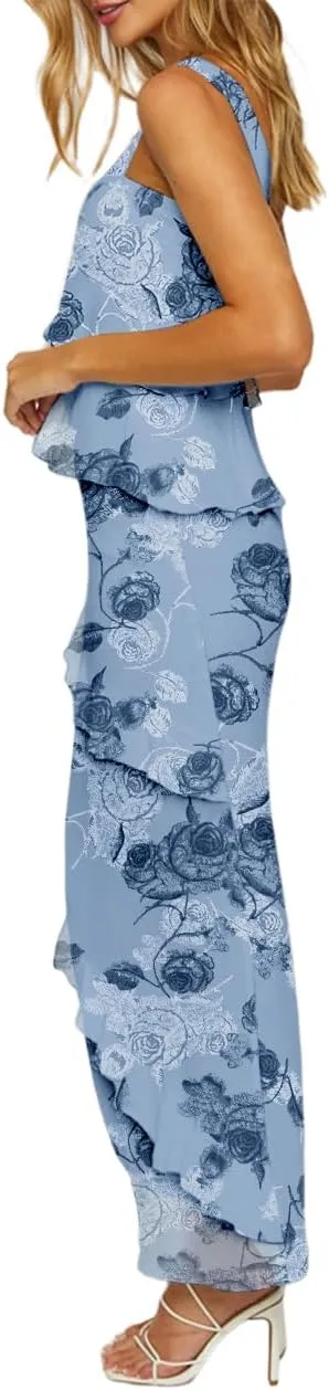 SEBOWEL Women's Ruffled Shoulder Strap Mesh Overlay Bodycon Elegant Long Maxi Dress with Layered Flounce Detail