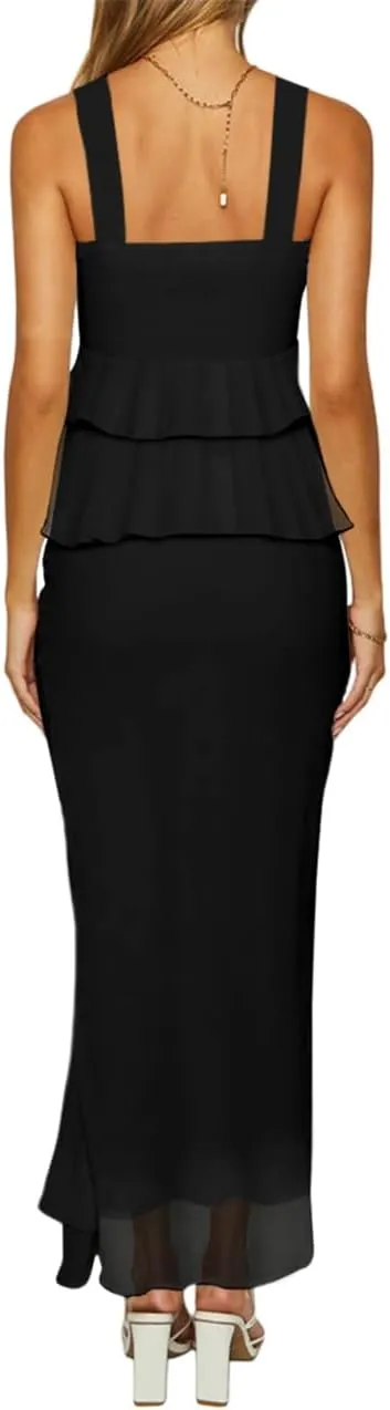 SEBOWEL Women's Ruffled Shoulder Strap Mesh Overlay Bodycon Elegant Long Maxi Dress with Layered Flounce Detail