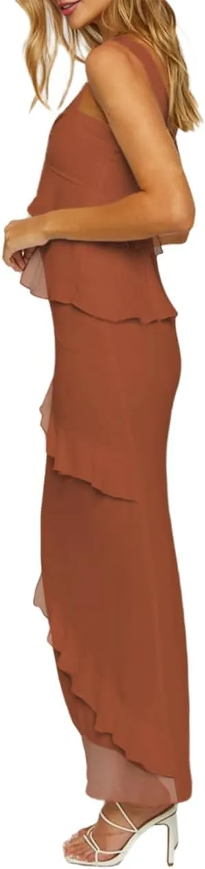 SEBOWEL Women's Ruffled Shoulder Strap Mesh Overlay Bodycon Elegant Long Maxi Dress with Layered Flounce Detail