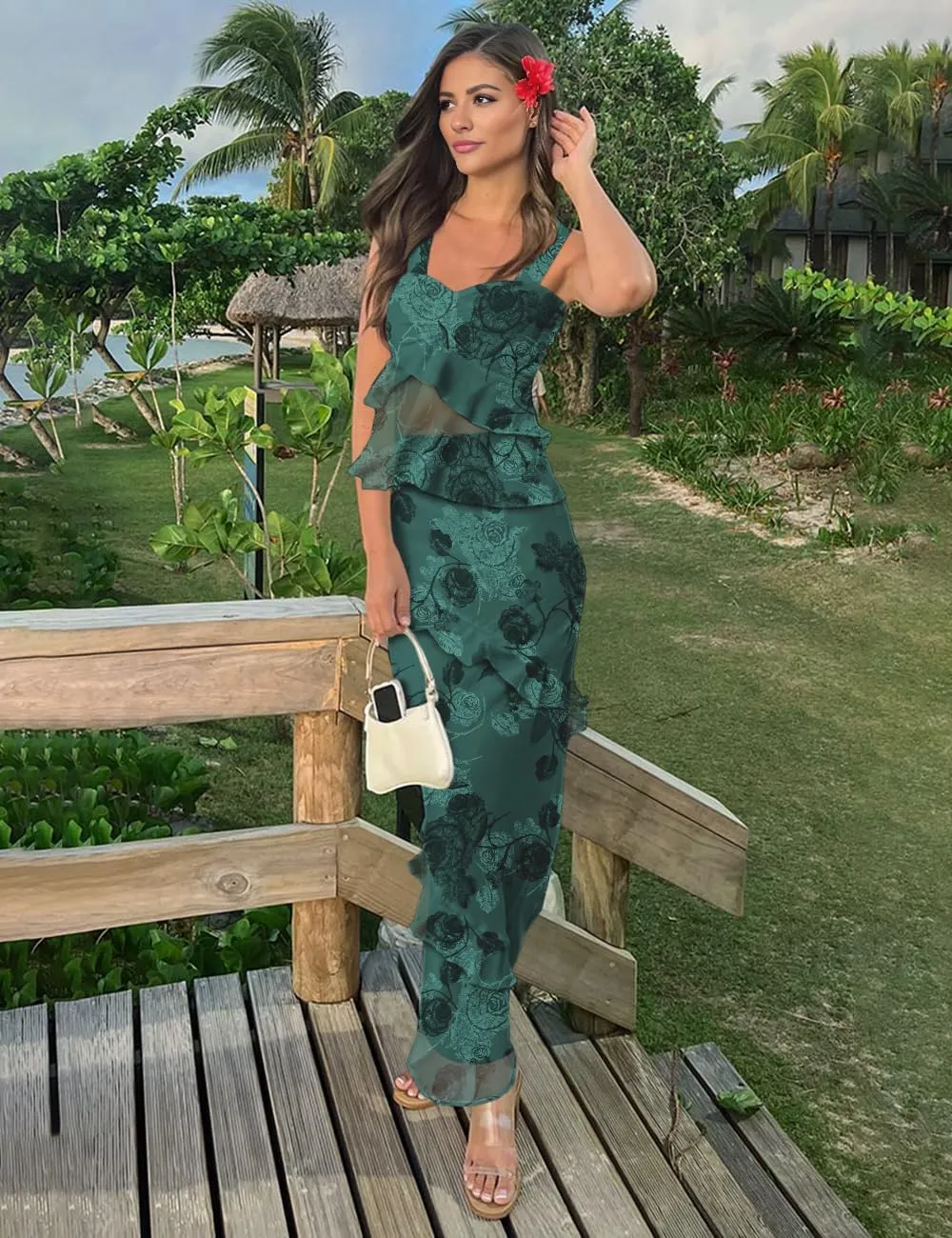 SEBOWEL Women's Ruffled Shoulder Strap Mesh Overlay Bodycon Elegant Long Maxi Dress with Layered Flounce Detail