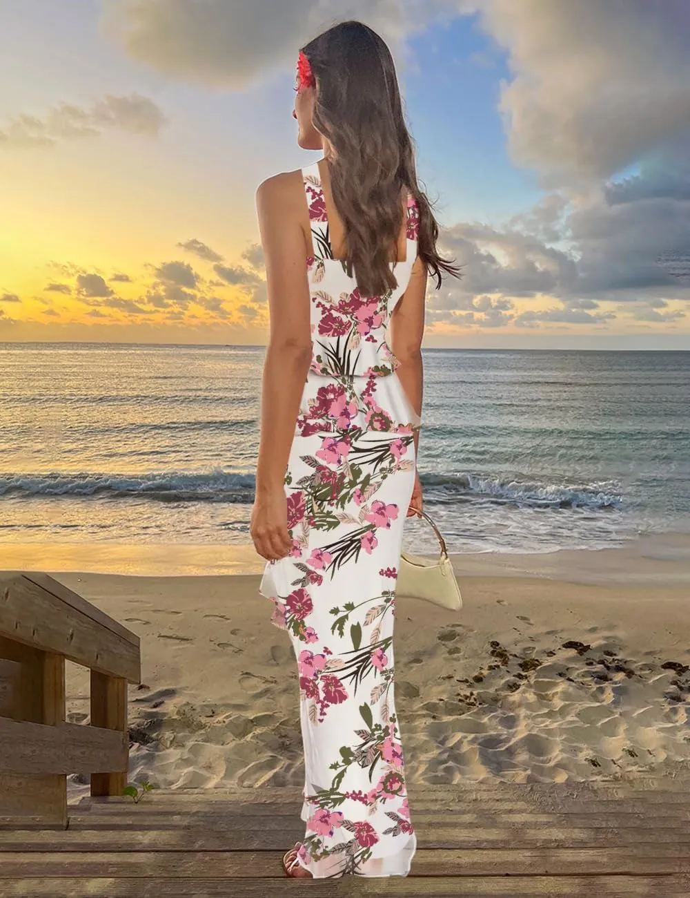 SEBOWEL Women's Ruffled Shoulder Strap Mesh Overlay Bodycon Elegant Long Maxi Dress with Layered Flounce Detail