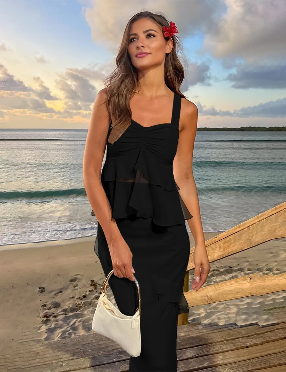 SEBOWEL Women's Ruffled Shoulder Strap Mesh Overlay Bodycon Elegant Long Maxi Dress with Layered Flounce Detail