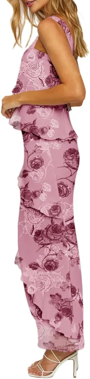 SEBOWEL Women's Ruffled Shoulder Strap Mesh Overlay Bodycon Elegant Long Maxi Dress with Layered Flounce Detail