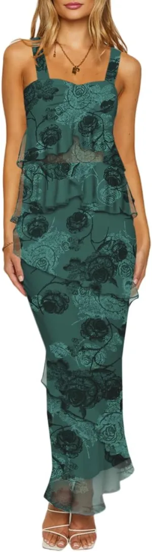 SEBOWEL Women's Ruffled Shoulder Strap Mesh Overlay Bodycon Elegant Long Maxi Dress with Layered Flounce Detail