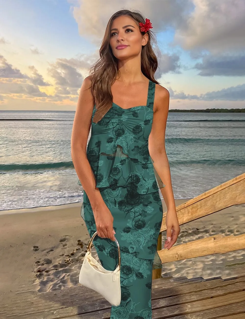 SEBOWEL Women's Ruffled Shoulder Strap Mesh Overlay Bodycon Elegant Long Maxi Dress with Layered Flounce Detail