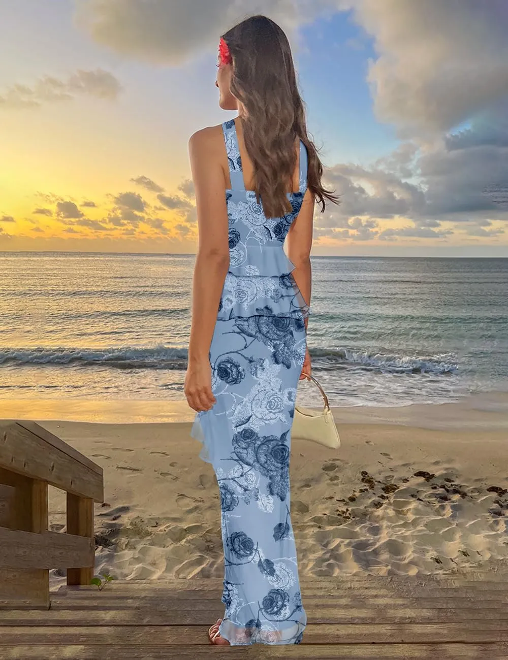 SEBOWEL Women's Ruffled Shoulder Strap Mesh Overlay Bodycon Elegant Long Maxi Dress with Layered Flounce Detail