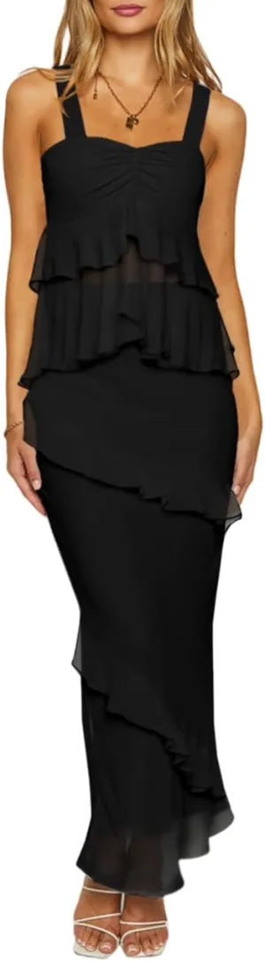 SEBOWEL Women's Ruffled Shoulder Strap Mesh Overlay Bodycon Elegant Long Maxi Dress with Layered Flounce Detail