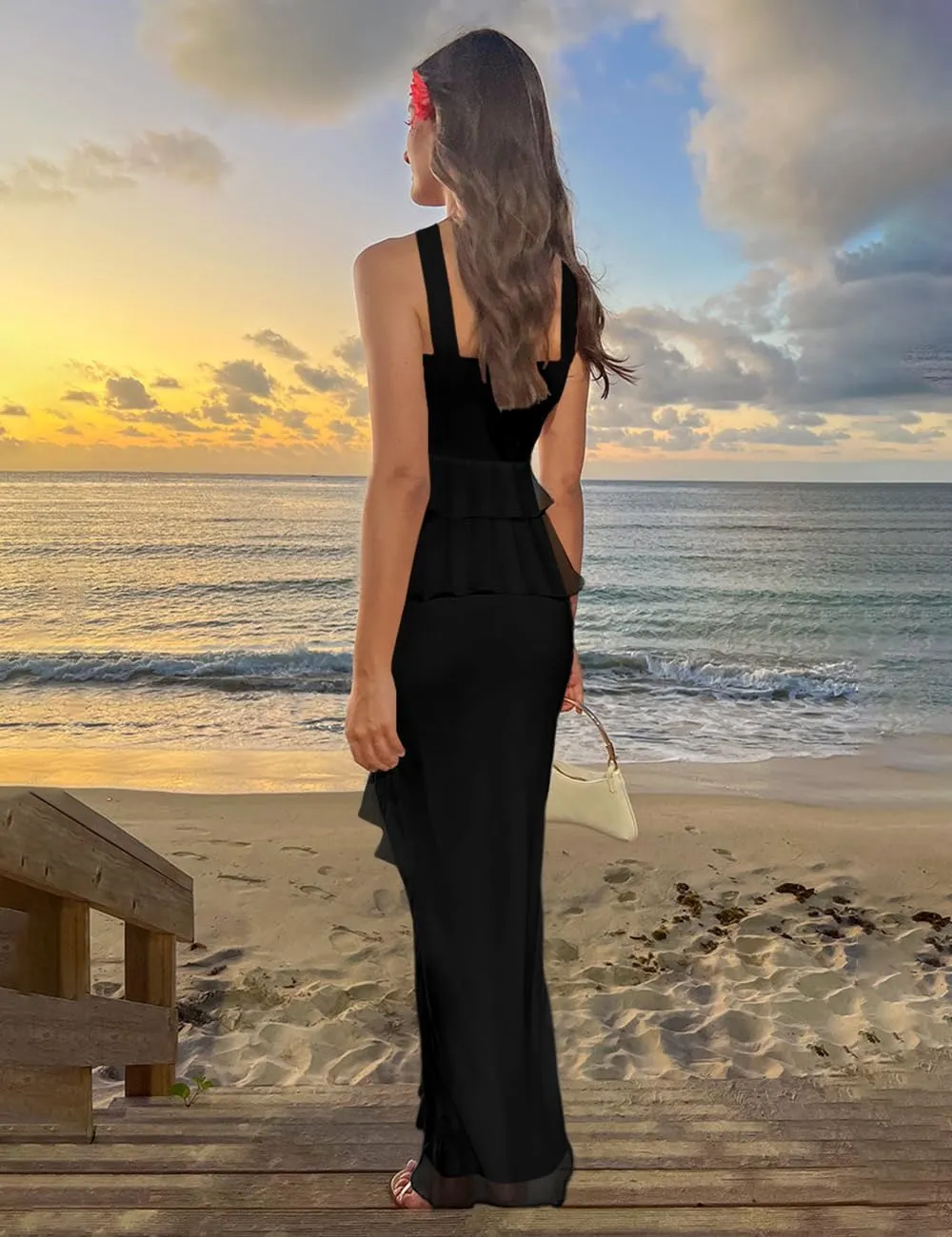 SEBOWEL Women's Ruffled Shoulder Strap Mesh Overlay Bodycon Elegant Long Maxi Dress with Layered Flounce Detail