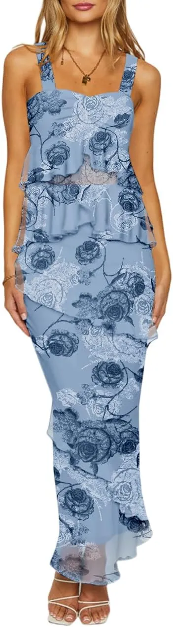 SEBOWEL Women's Ruffled Shoulder Strap Mesh Overlay Bodycon Elegant Long Maxi Dress with Layered Flounce Detail