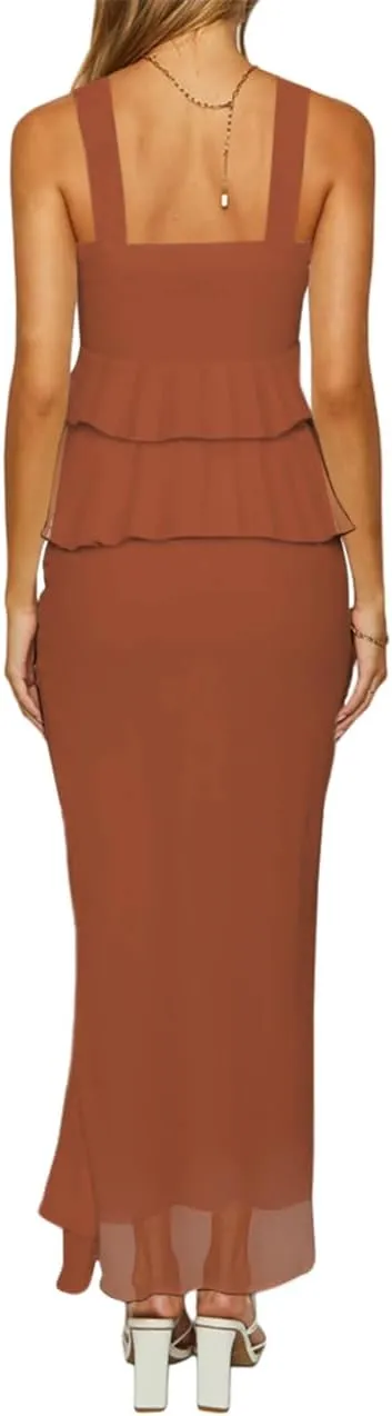 SEBOWEL Women's Ruffled Shoulder Strap Mesh Overlay Bodycon Elegant Long Maxi Dress with Layered Flounce Detail