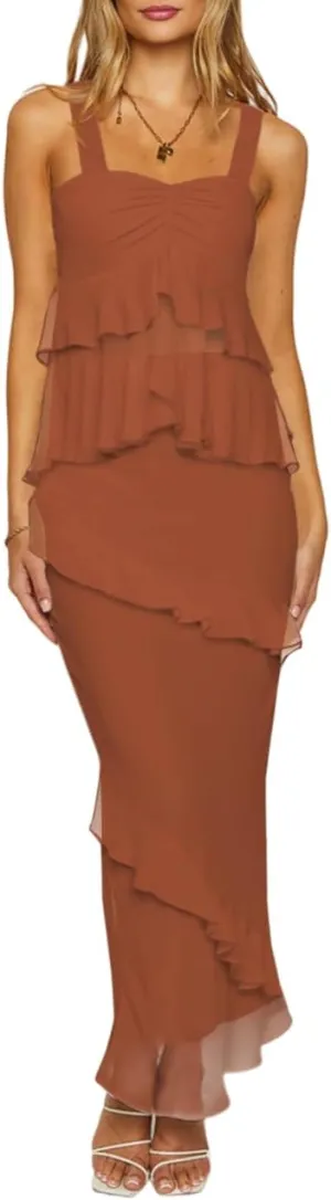 SEBOWEL Women's Ruffled Shoulder Strap Mesh Overlay Bodycon Elegant Long Maxi Dress with Layered Flounce Detail
