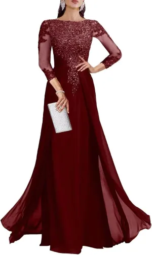 Sequin Mother of The Bride Dresses Long for Wedding 3/4 Sleeves Chiffon Formal Evening Party Gown DS002