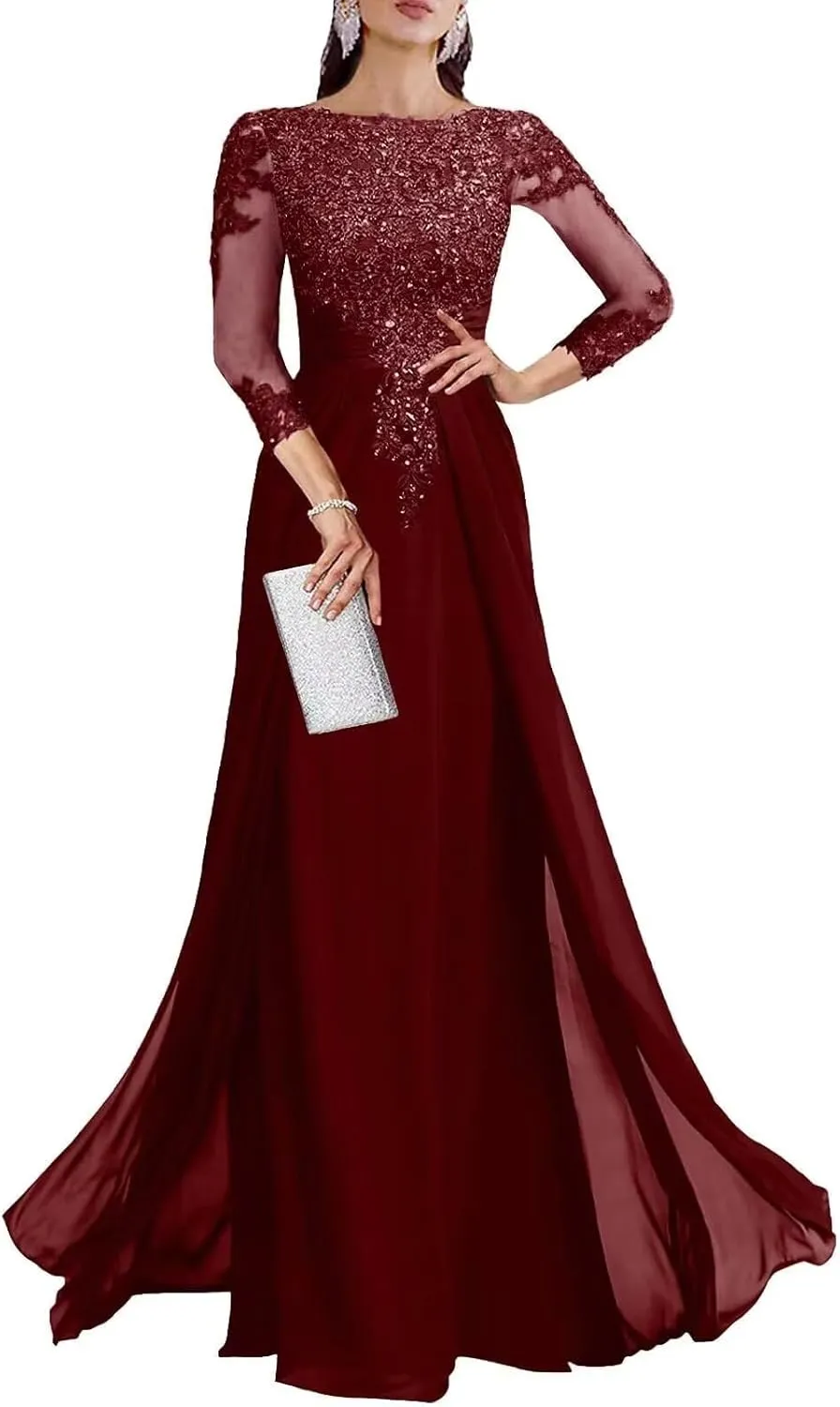 Sequin Mother of The Bride Dresses Long for Wedding 3/4 Sleeves Chiffon Formal Evening Party Gown DS002