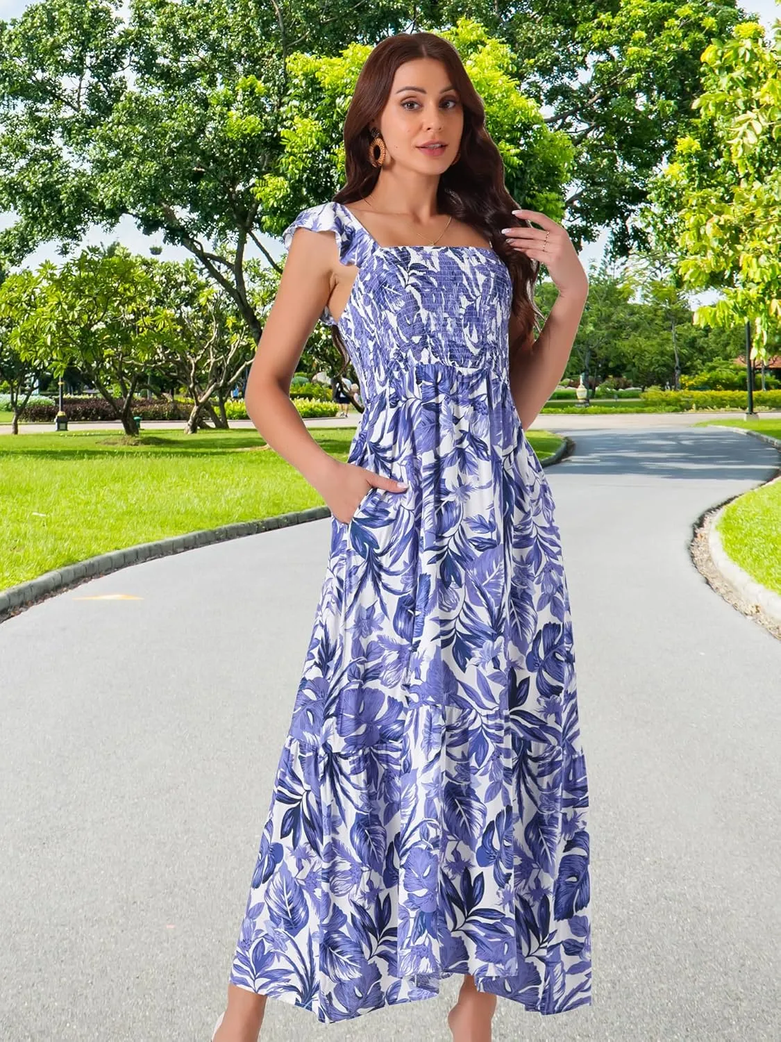Seta T Women's Summer Dress Smocked Boho Sundress Square Neck Ruffle Cap Sleeve Floral Flowy Maxi Dress