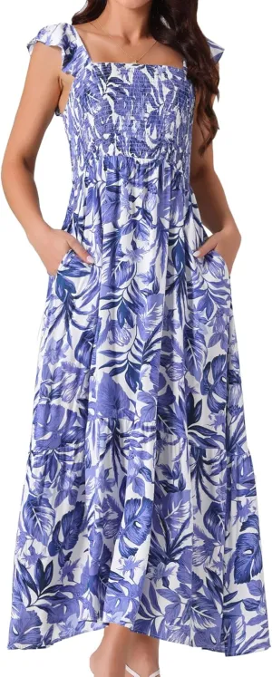 Seta T Women's Summer Dress Smocked Boho Sundress Square Neck Ruffle Cap Sleeve Floral Flowy Maxi Dress