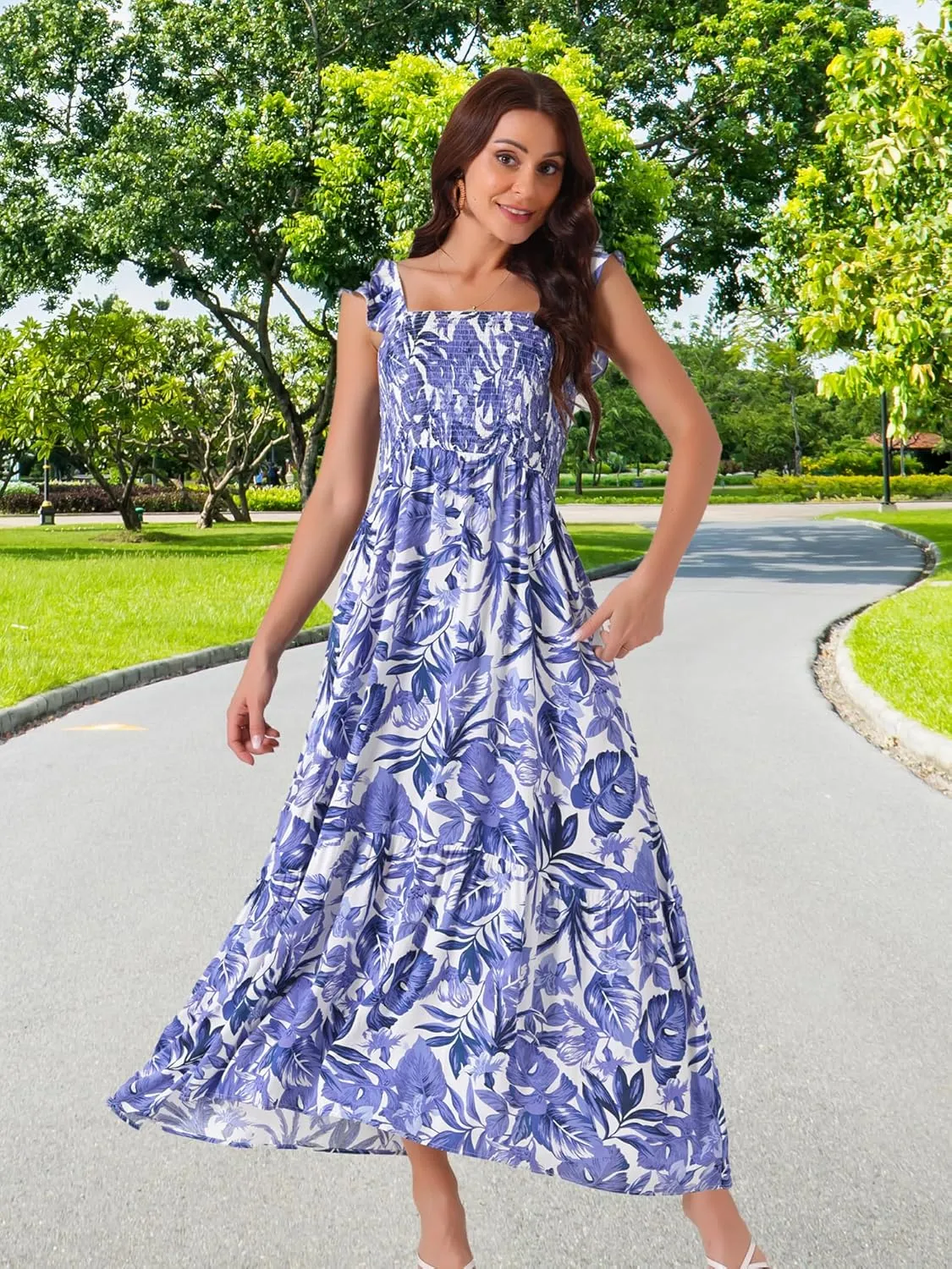 Seta T Women's Summer Dress Smocked Boho Sundress Square Neck Ruffle Cap Sleeve Floral Flowy Maxi Dress