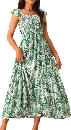 Seta T Women's Summer Dress Smocked Boho Sundress Square Neck Ruffle Cap Sleeve Floral Flowy Maxi Dress