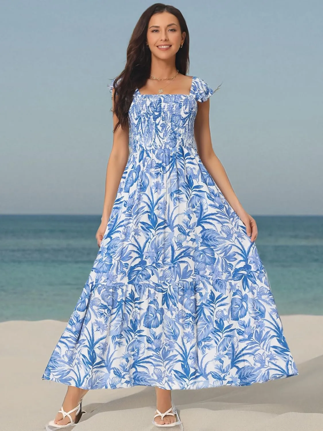 Seta T Women's Summer Dress Smocked Boho Sundress Square Neck Ruffle Cap Sleeve Floral Flowy Maxi Dress