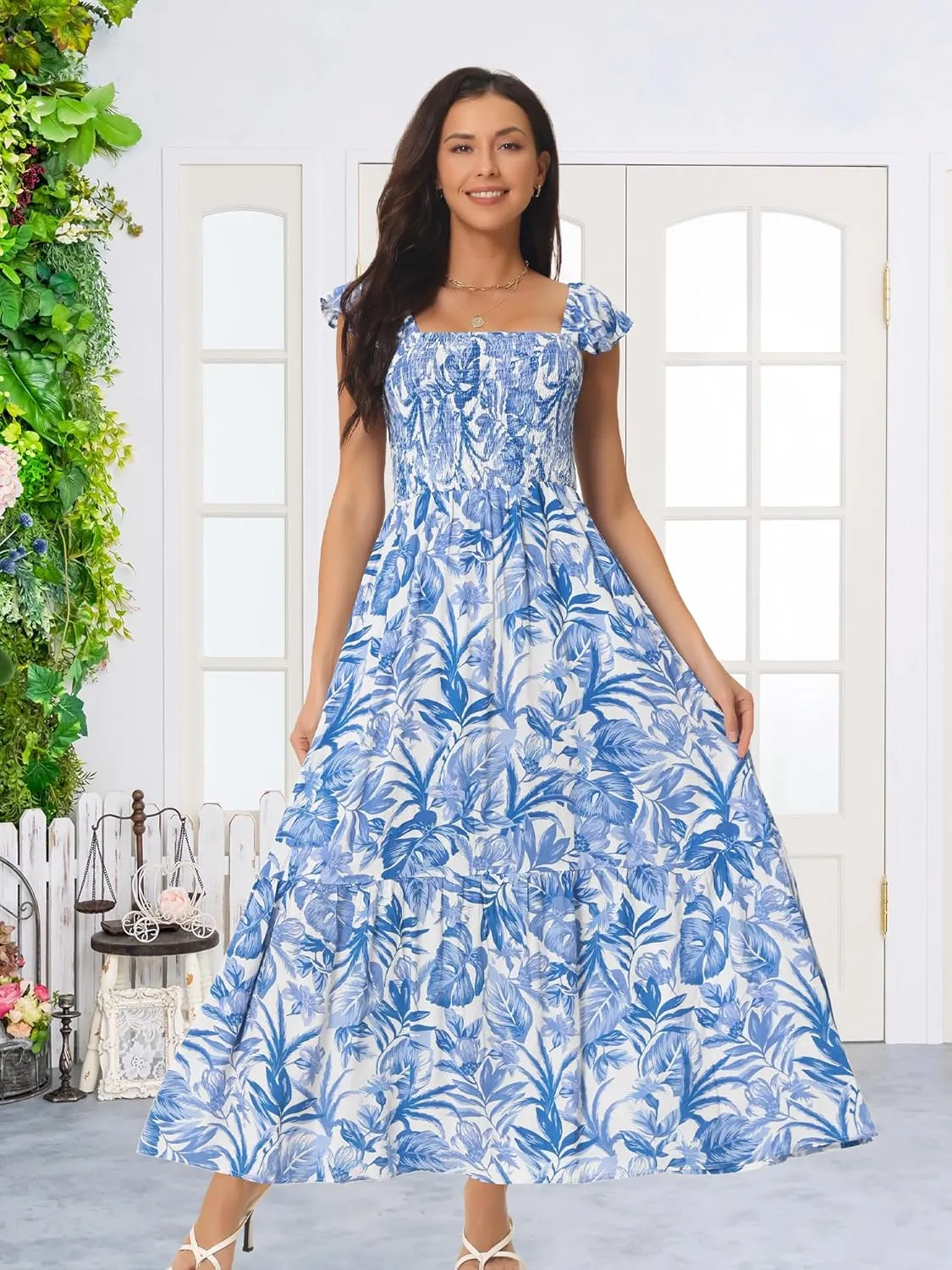 Seta T Women's Summer Dress Smocked Boho Sundress Square Neck Ruffle Cap Sleeve Floral Flowy Maxi Dress