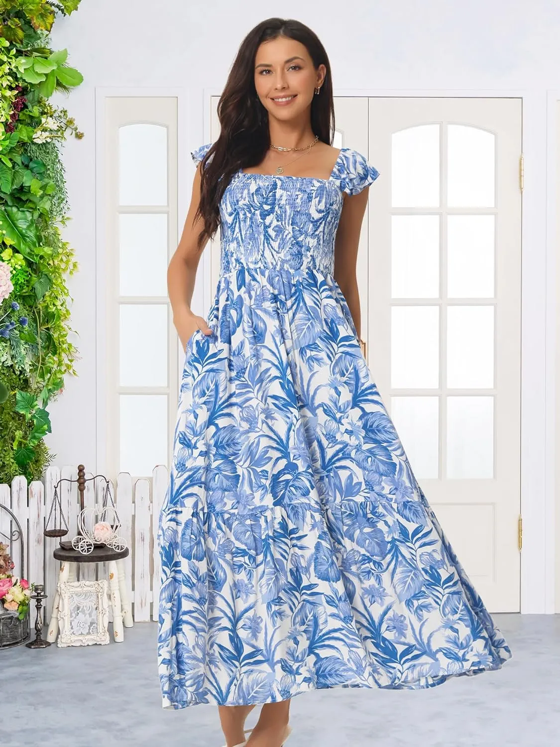 Seta T Women's Summer Dress Smocked Boho Sundress Square Neck Ruffle Cap Sleeve Floral Flowy Maxi Dress
