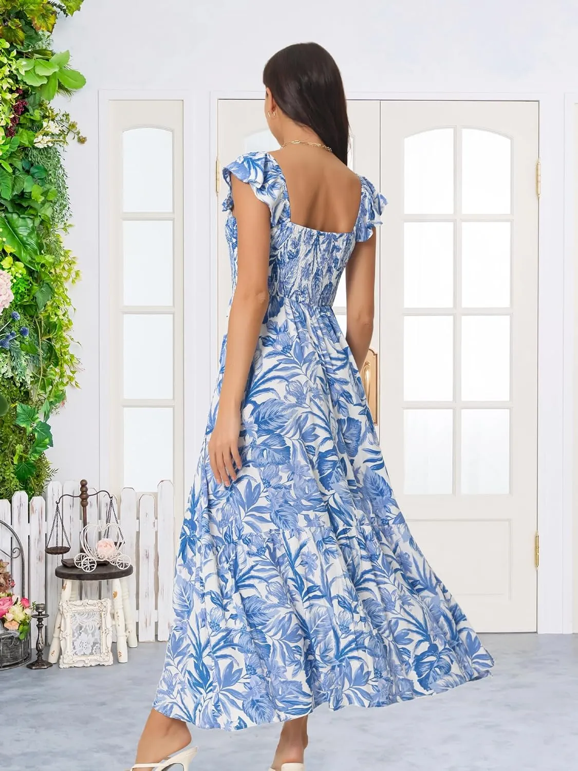 Seta T Women's Summer Dress Smocked Boho Sundress Square Neck Ruffle Cap Sleeve Floral Flowy Maxi Dress
