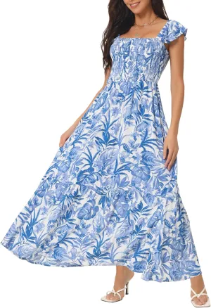 Seta T Women's Summer Dress Smocked Boho Sundress Square Neck Ruffle Cap Sleeve Floral Flowy Maxi Dress