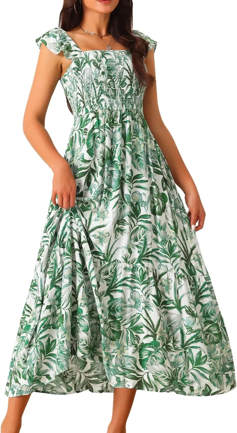Seta T Women's Summer Dress Smocked Boho Sundress Square Neck Ruffle Cap Sleeve Floral Flowy Maxi Dress