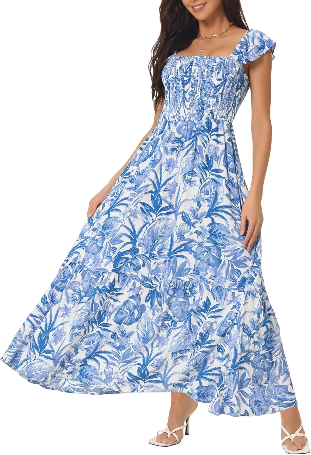 Seta T Women's Summer Dress Smocked Boho Sundress Square Neck Ruffle Cap Sleeve Floral Flowy Maxi Dress