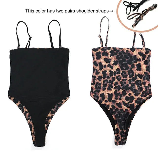 Sexy Reversible Leopard/Solid/Stripe Bandeau One-Piece swimsuit