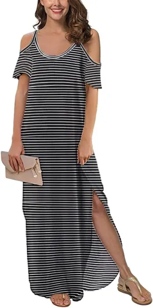 Sherosa Women's Summer Maxi Dresses Cold Shoulder Split Loose Short Sleeve Long Beach Dresses with Pocket