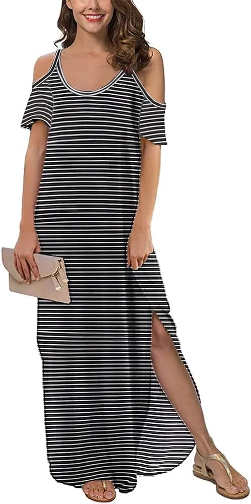 Sherosa Women's Summer Maxi Dresses Cold Shoulder Split Loose Short Sleeve Long Beach Dresses with Pocket
