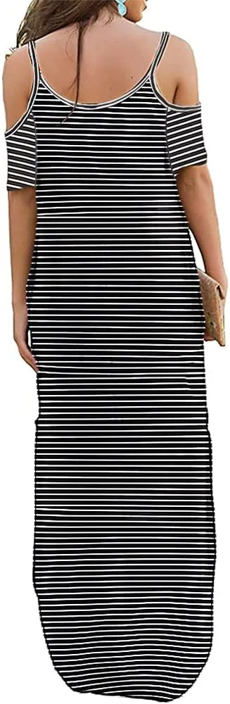 Sherosa Women's Summer Maxi Dresses Cold Shoulder Split Loose Short Sleeve Long Beach Dresses with Pocket