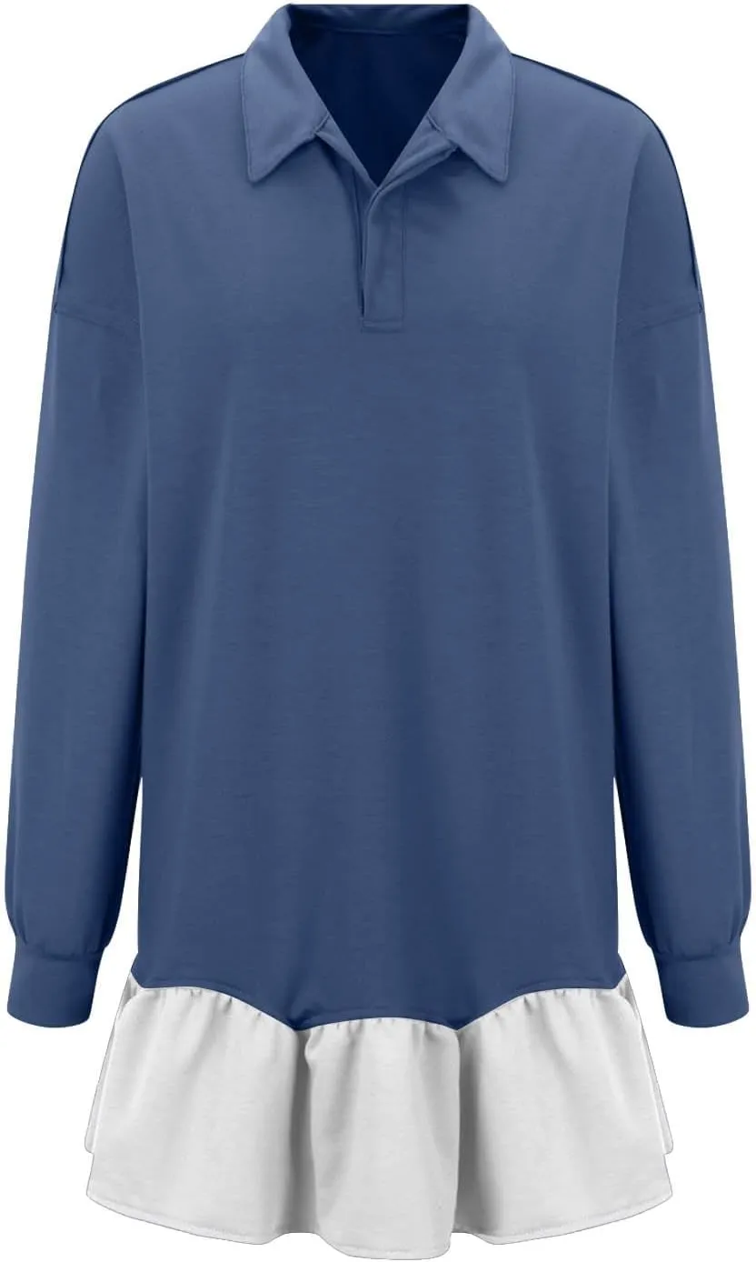 Shirt Dresses for Women 2024 Trendy Long Sleeve Patchwork Sweatshirt Dress Cute V Neck Ruffle Button Up Mini Dresses