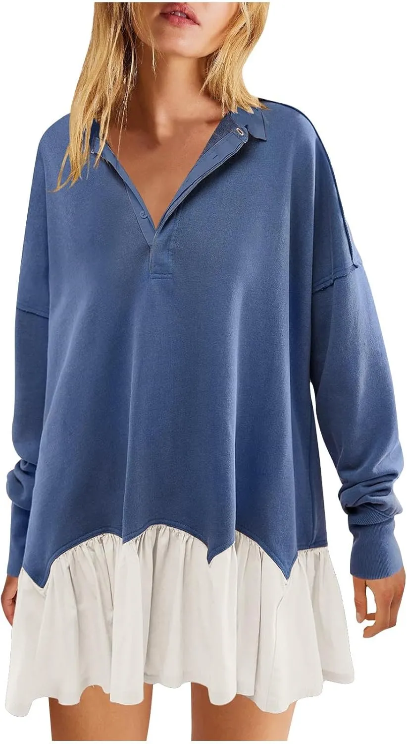 Shirt Dresses for Women 2024 Trendy Long Sleeve Patchwork Sweatshirt Dress Cute V Neck Ruffle Button Up Mini Dresses