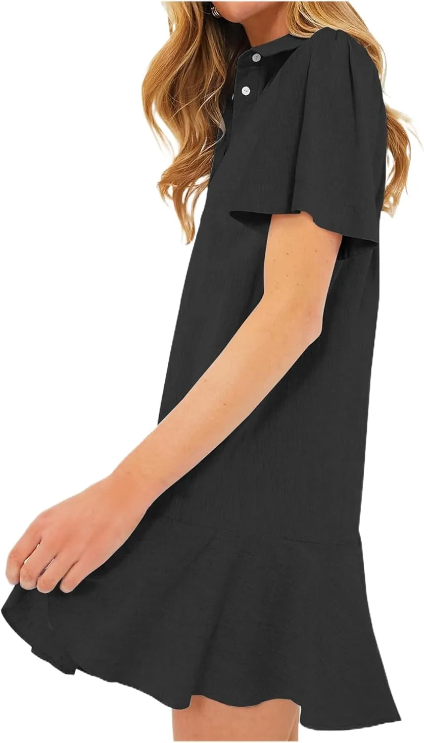 Shirt Dresses for Women Casual Short Sleeve Cotton Linen Mini Dresses Fashion V Neck Button Up Ruffle Hem Shift Dress