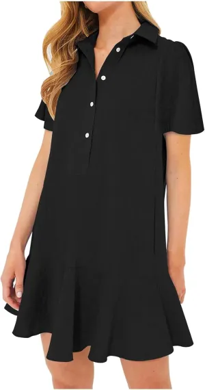 Shirt Dresses for Women Casual Short Sleeve Cotton Linen Mini Dresses Fashion V Neck Button Up Ruffle Hem Shift Dress