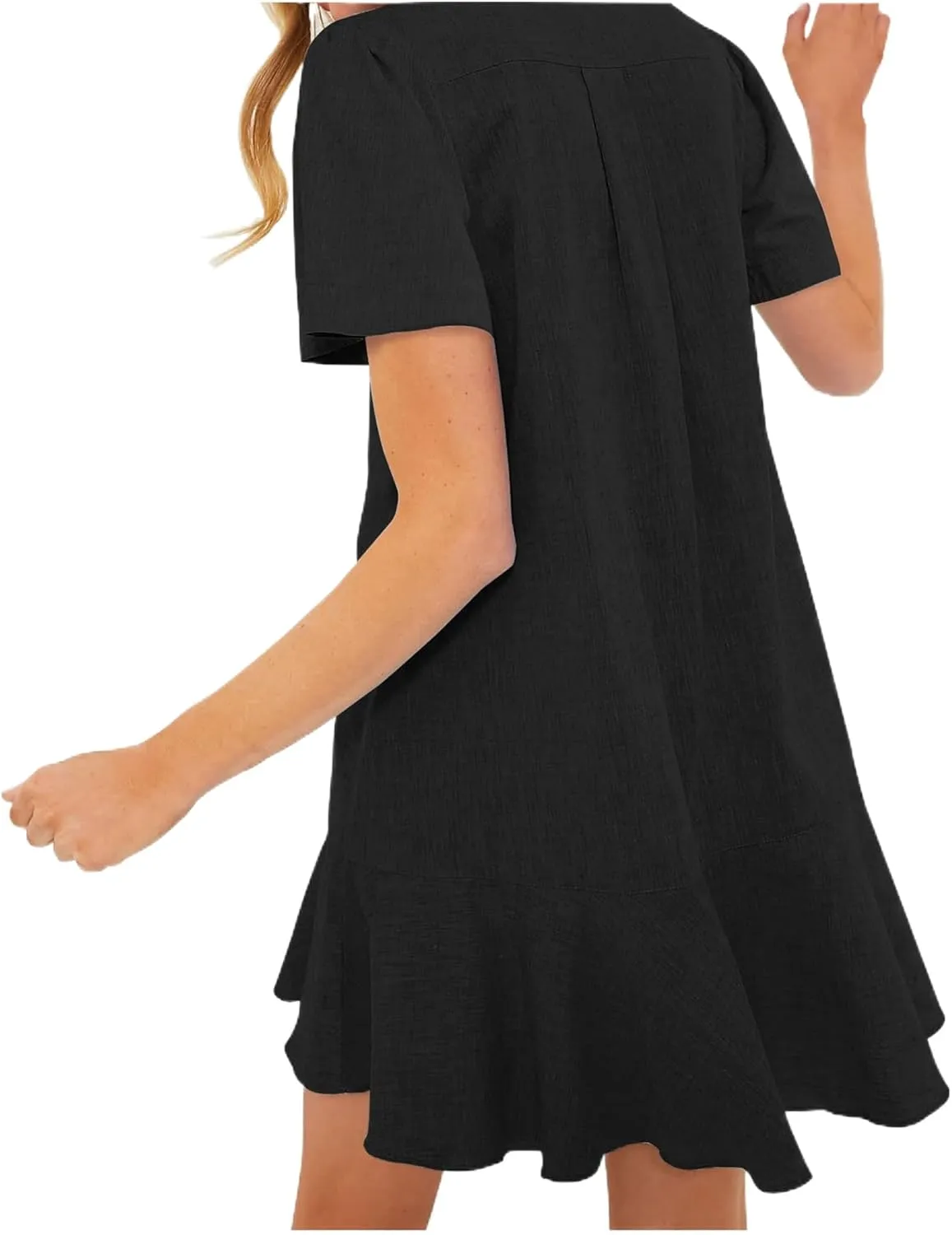 Shirt Dresses for Women Casual Short Sleeve Cotton Linen Mini Dresses Fashion V Neck Button Up Ruffle Hem Shift Dress