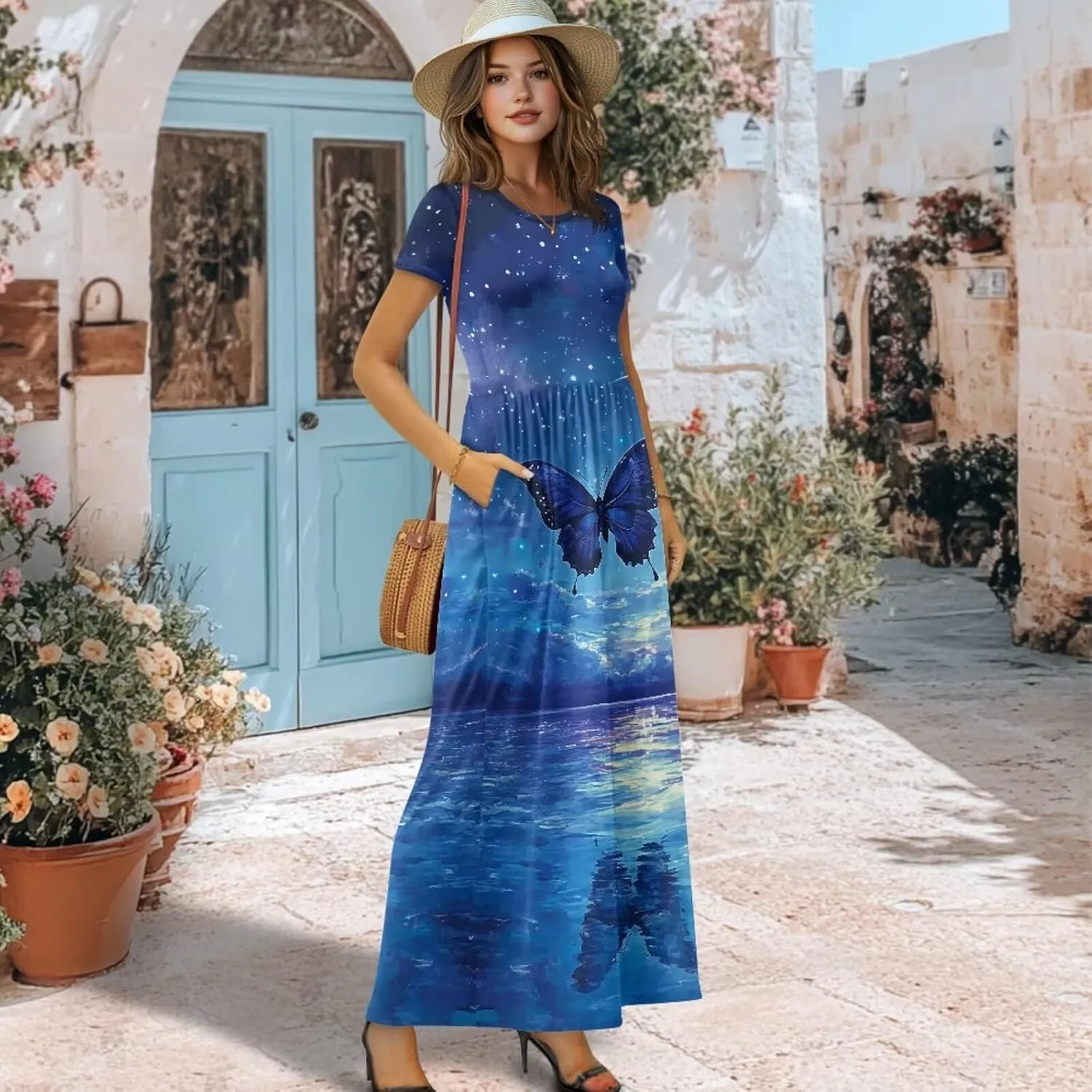 Short Sleeve Dress for Women Crew Neck A-Line Dress with Pockets Causal Long Sundress Summer Beach Clothes